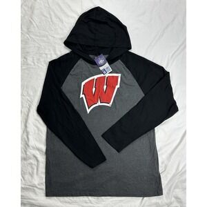 Wisconsin Badgers Hoodie Long‎ Sleeve Shirt Mens XL Grey Black Raglan Tee NWT